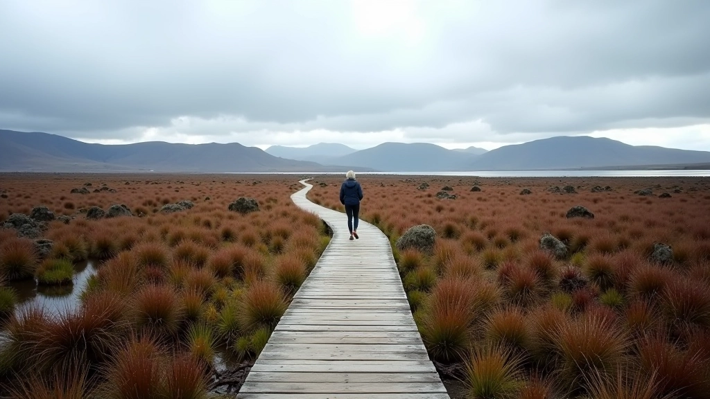 Expansive bog landscape with wooden boardwalk path stretching into distance, mountain range on horizon, moody sky, wild natural terrain