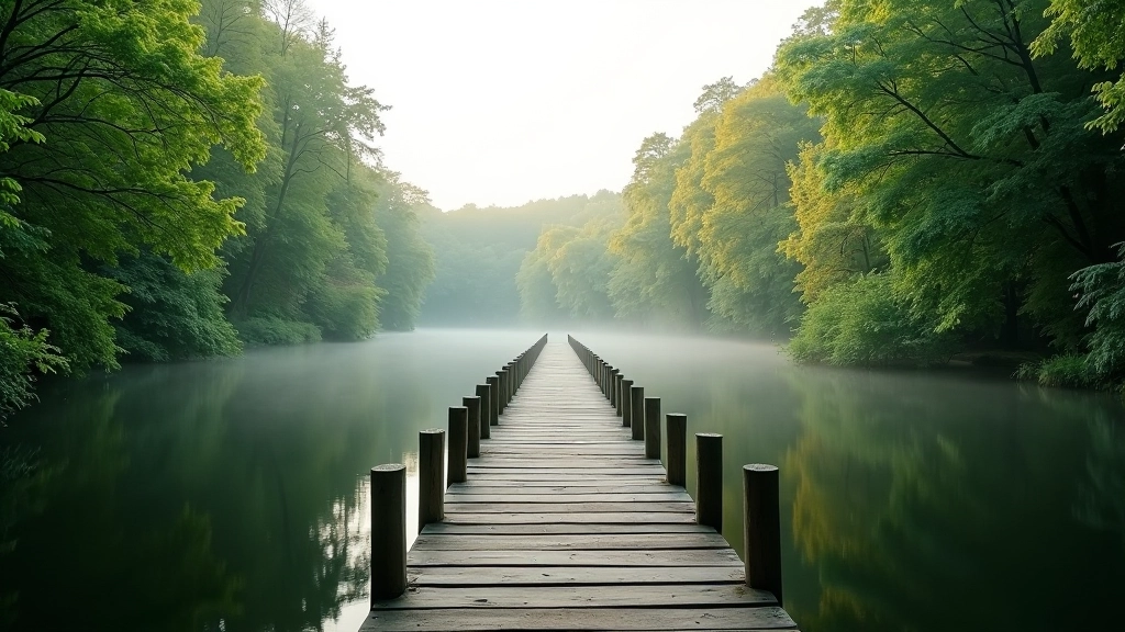 Scenic lakeside view with forest reflection in calm water and wooden walkway bridge