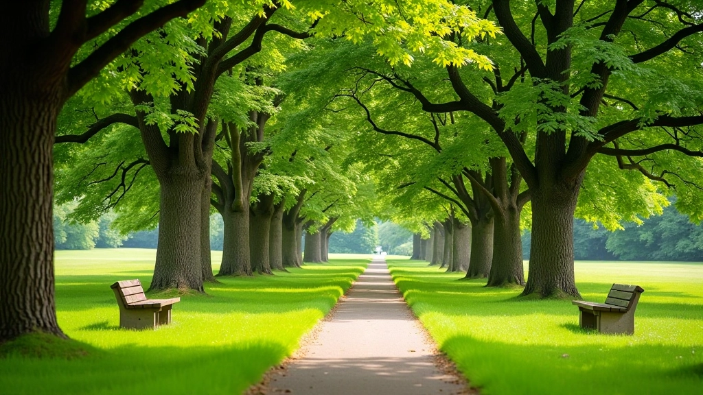 Peaceful park landscape with mature trees and open green spaces, benches along winding path, natural dappled lighting, serene outdoor setting