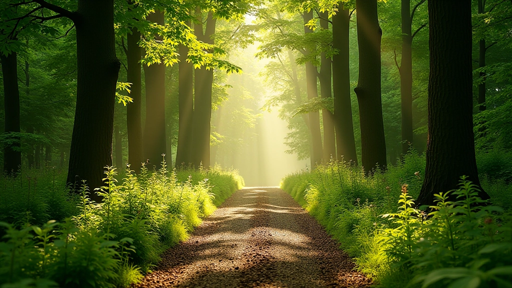 Peaceful nature path through dense forest with filtered sunlight and wildflowers