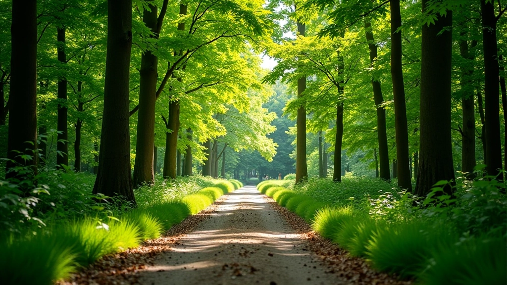 Forest canopy walk with dappled sunlight filtering through green leaves overhead