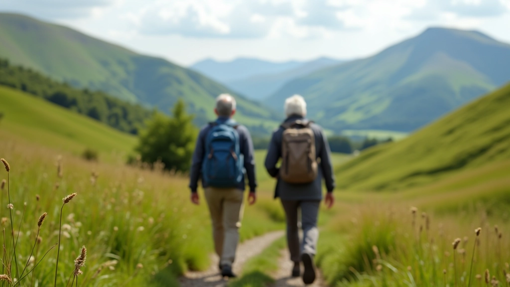 People of various ages walking together on a scenic trail through green hills with mountains visible in background