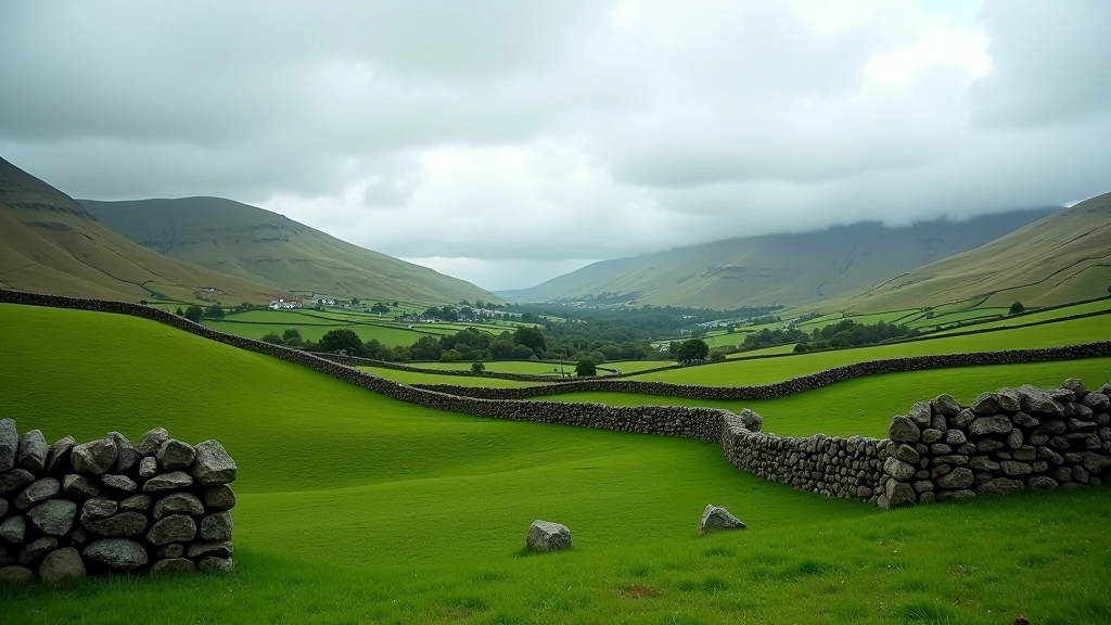 Galway countryside rolling hills with traditional stone walls and green pastures under cloudy sky