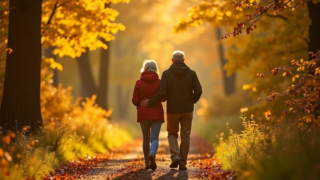 Mature couple walking through autumn forest in Wicklow