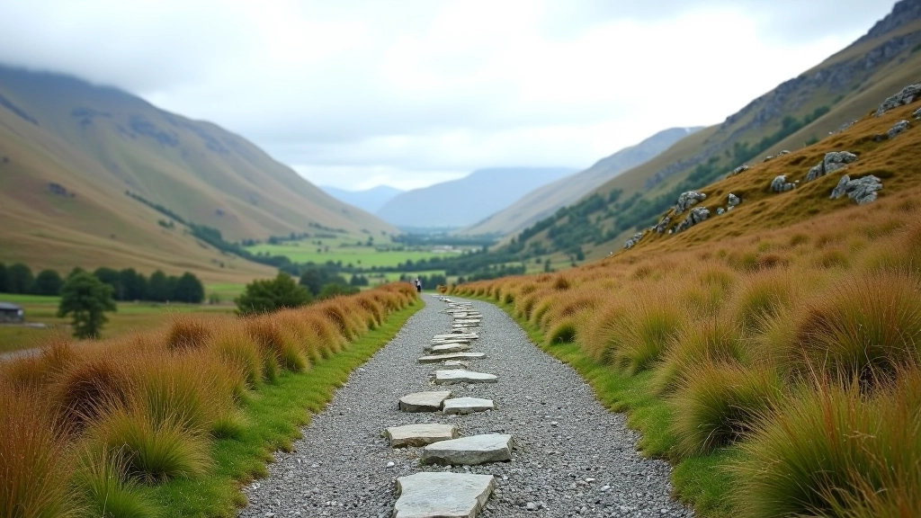 Stone pathway through Wicklow mountains with steep valley drops and scenic vistas