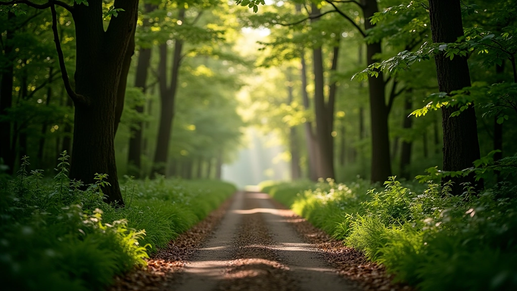 Peaceful forest path with dappled sunlight filtering through canopy, welcoming trail entrance near Dublin