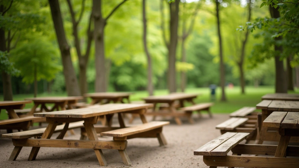 Outdoor café seating area with picnic tables and forest views at a nature park