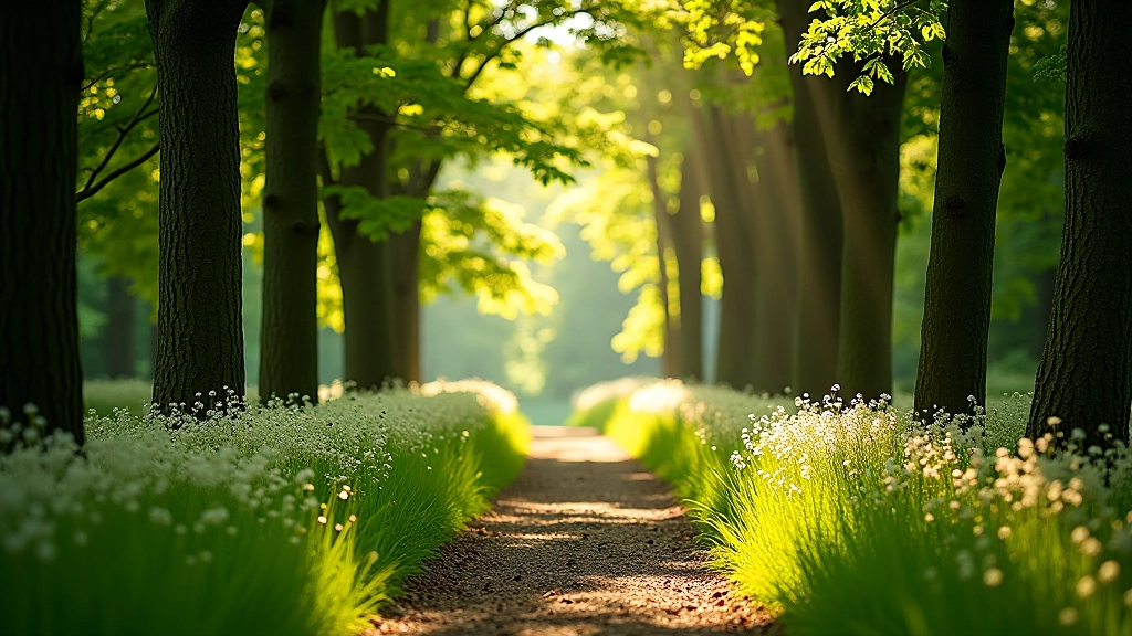 Serene forest path with golden light filtering through ancient oak and beech trees, peaceful woodland setting, soft natural lighting