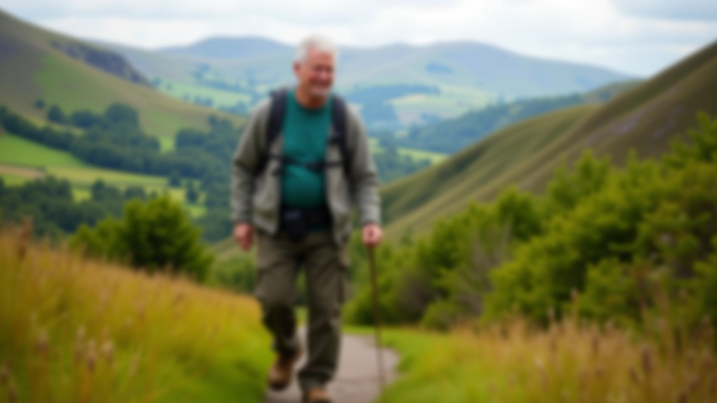Hiker on a gentle mountain trail with rolling hills and green valley views in distance