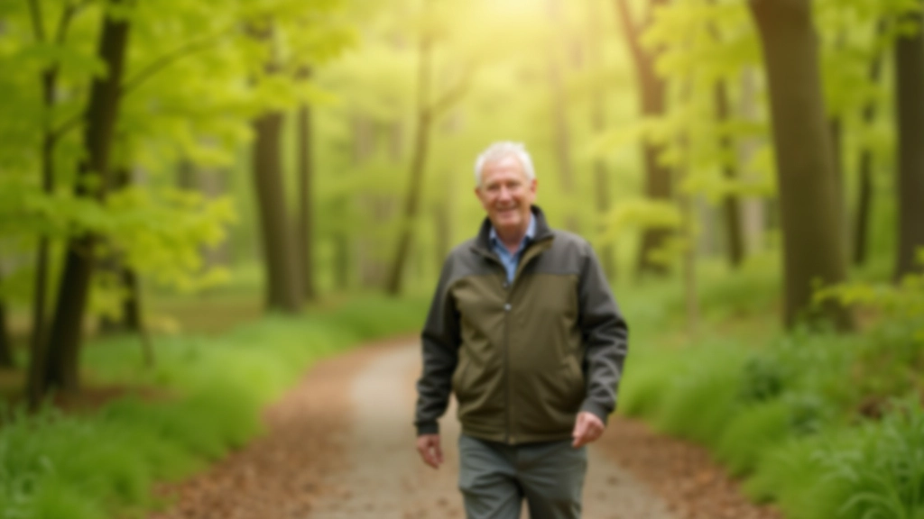 Person aged 60 walking on forest trail surrounded by green trees and dappled sunlight
