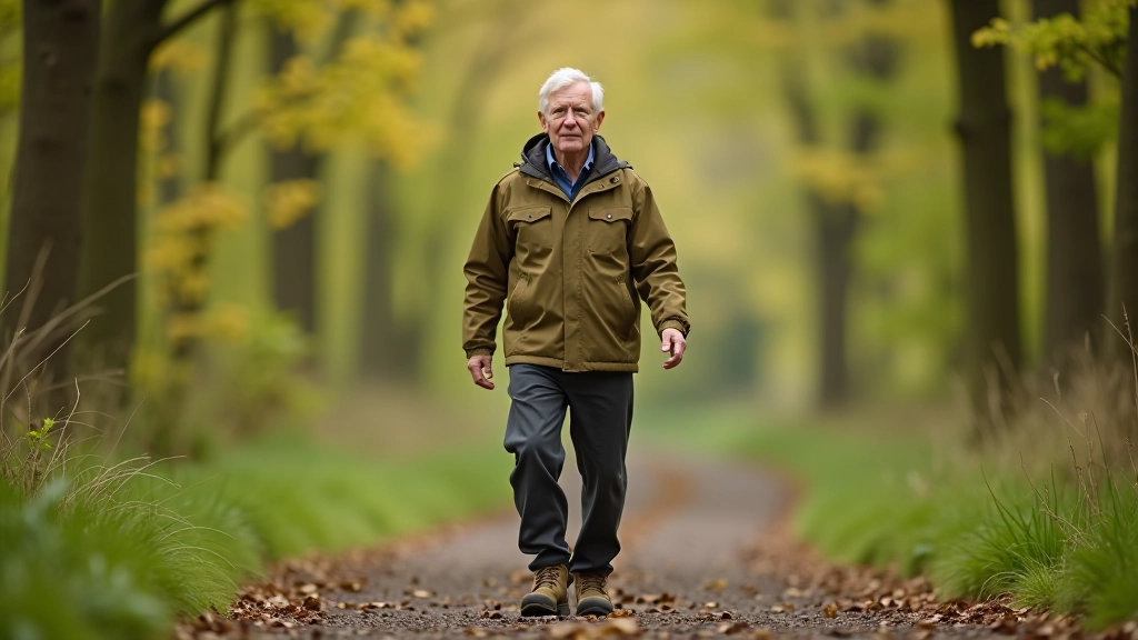 Person aged 65-70 walking on woodland path, fully clothed in outdoor wear, confident posture, natural forest setting with sunlight, peaceful scene