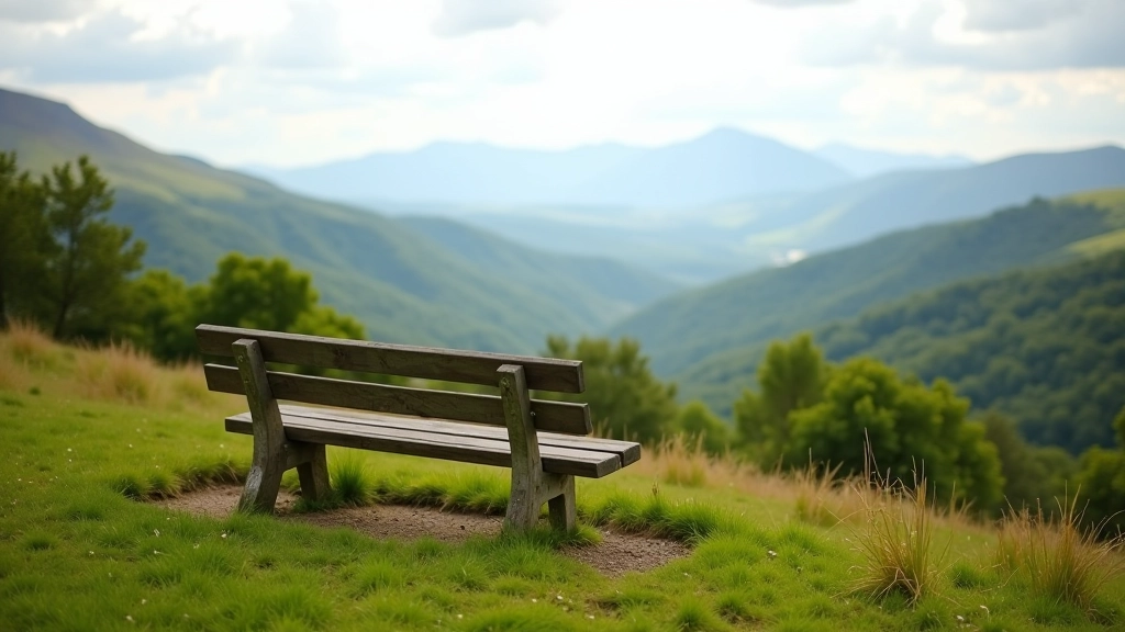 Wooden bench on hillside overlooking valley landscape with distant mountains