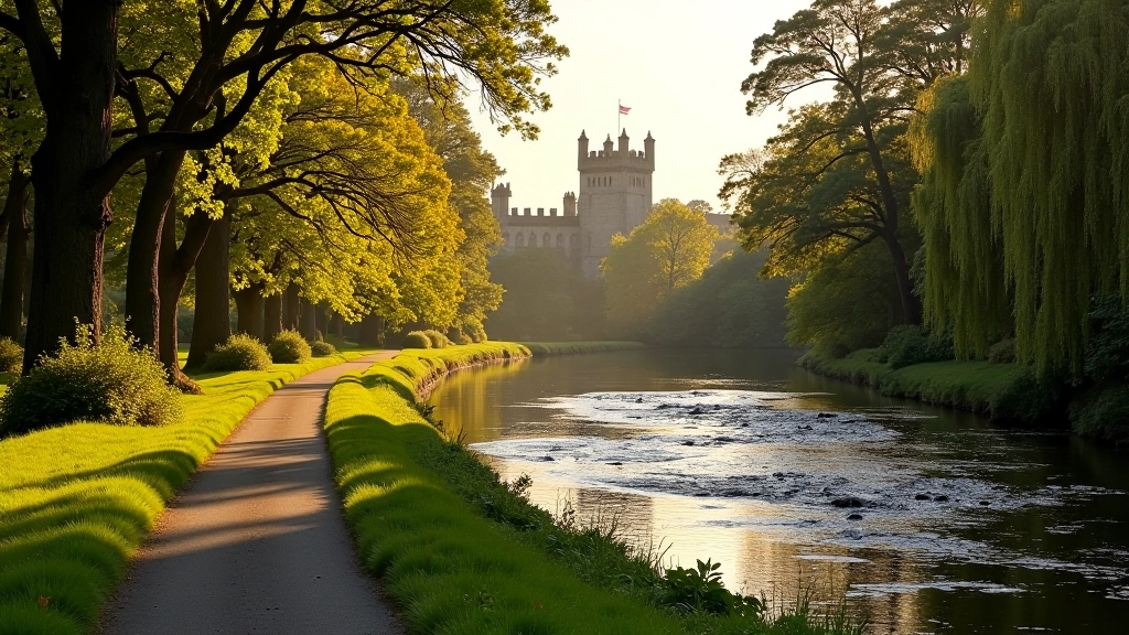River landscape with castle in distance, tree-lined walking path beside flowing water, historic architecture, afternoon natural lighting