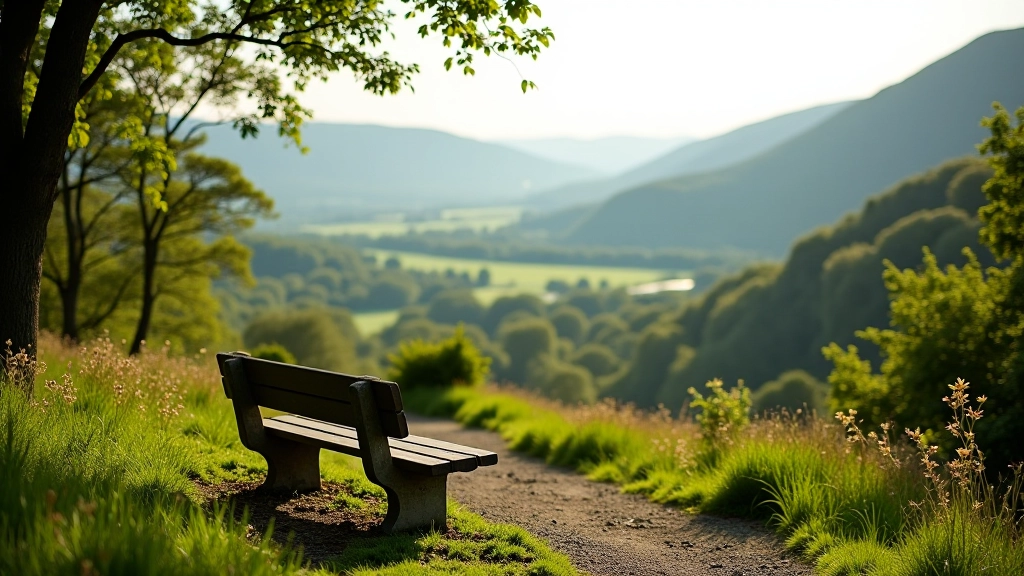 Scenic overlook of Irish landscape from elevated trail position with comfortable rest bench