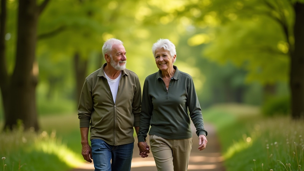 Elderly couple walking on a tree-lined path in a park on a sunny day