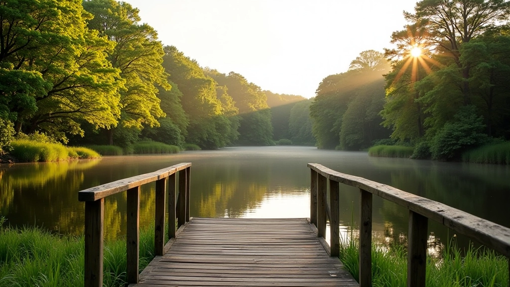 Scenic lakeside view with forest reflection in calm water and wooden walkway bridge