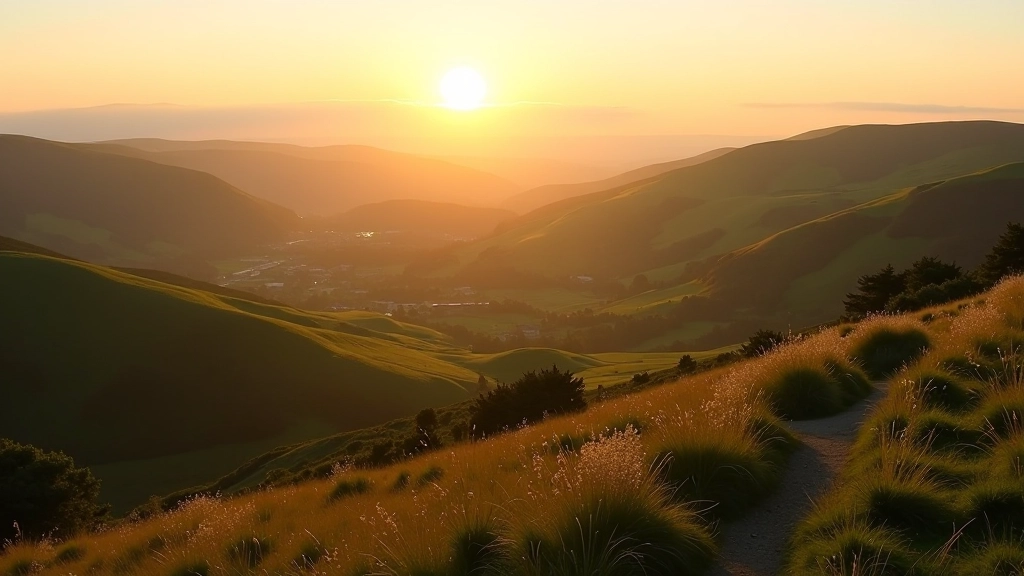 Mountain landscape at golden hour with long shadows across rolling hills and distant valleys