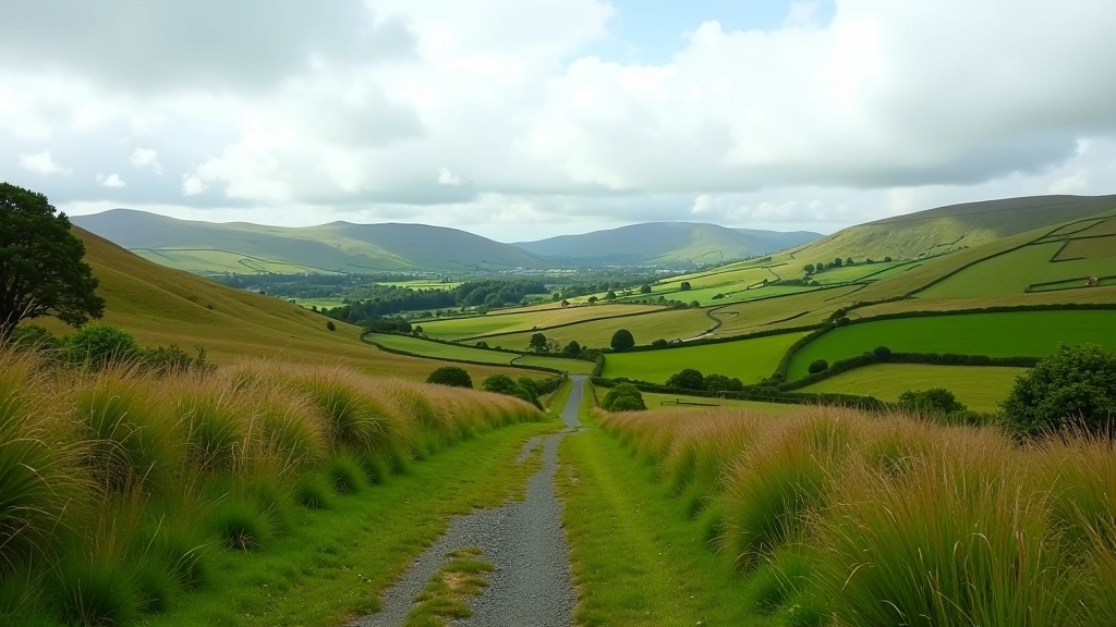 Scenic Cork countryside hills and pastoral landscape with winding path through fields