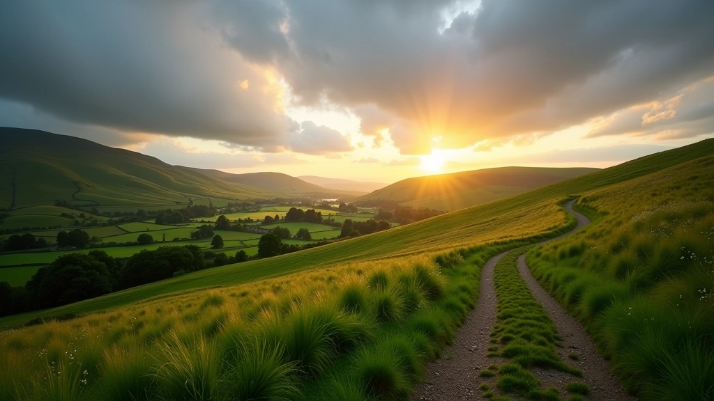 Scenic view of Dublin mountain path with green rolling hills and distant city skyline