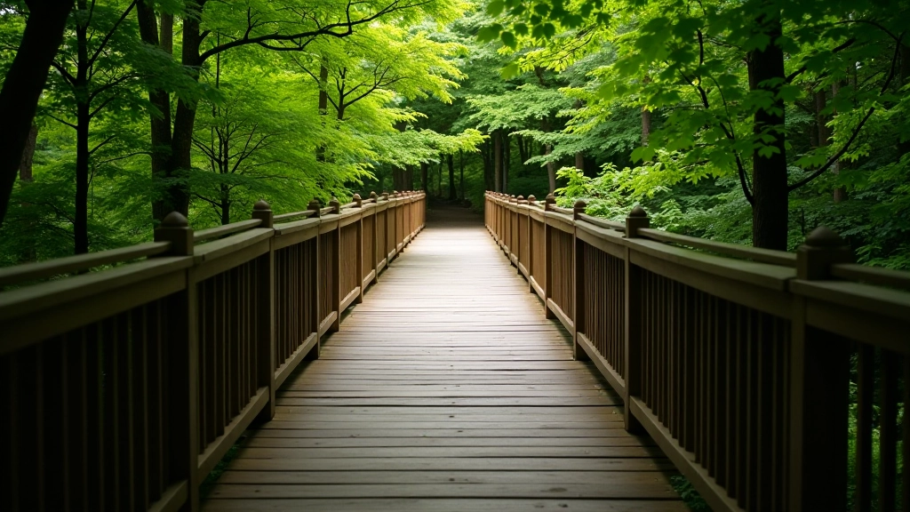 Wooden boardwalk pathway through dense green forest with railings for safety